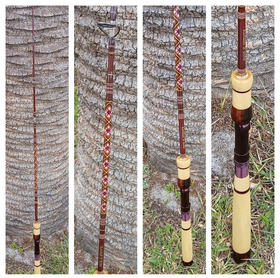 Memorial rod with ashes. 6' Conolon Vintage Hollow-Fiberglass blank w/Spar Varnish, Vintage Varmac aluminum reel seat, American Tackle Dbl. Ft. Guides, custom turned grips from Ash with Katalox butts and Bishopwood inlays. Decorative wrap and threadwork. The ashes are contained in a sealed canister in the rear grip, and incorporated into the epoxy used to bond the grips and reel seat to the blank.